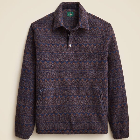 NWT J Crew Wool Blend 1/4 Snap Collar Sweater Fleece Jacket in Brown & Blue - Picture 1 of 6